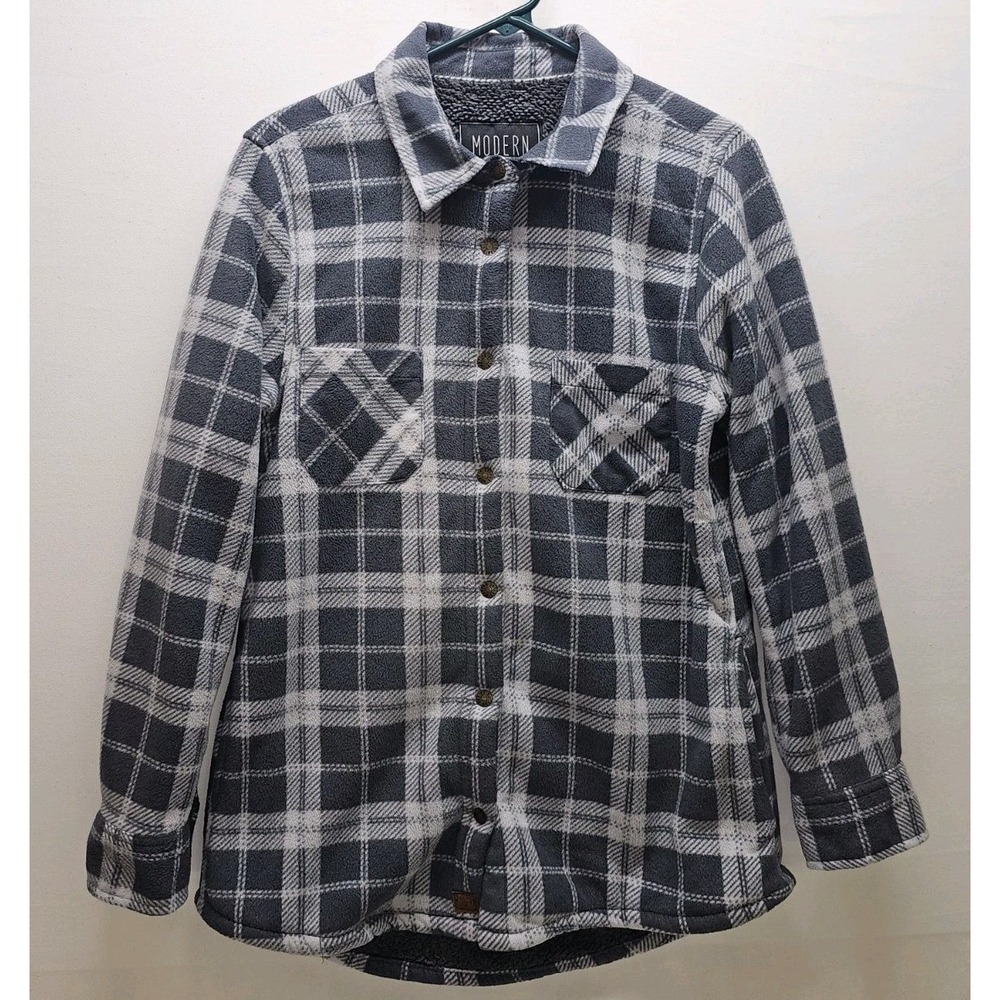 Modern Canvas Fleece Plaid Shacket M Button Front Cabincore Outdoor Lumberjack